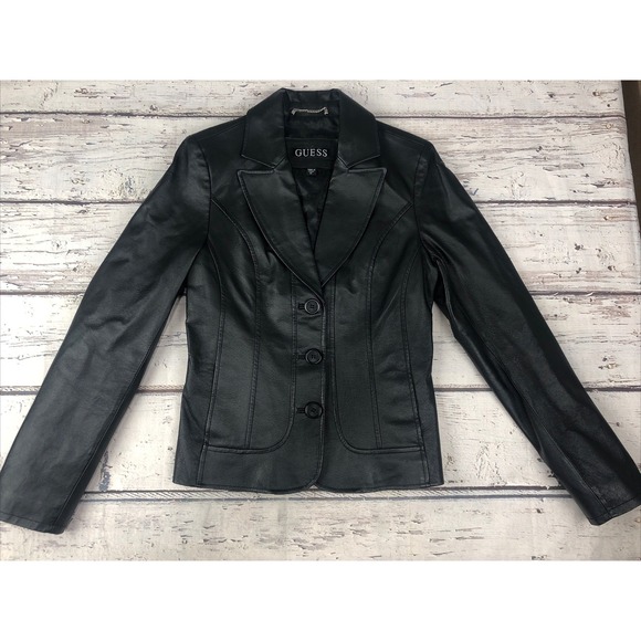 Guess Genuine Leather Blazer Jacket Womens Fitted Black sz M EUC - Picture 1 of 15